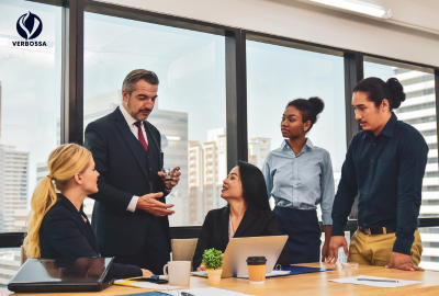 Seasoned executive leading an inspired diverse team against city skyline in Verbossa boardroom